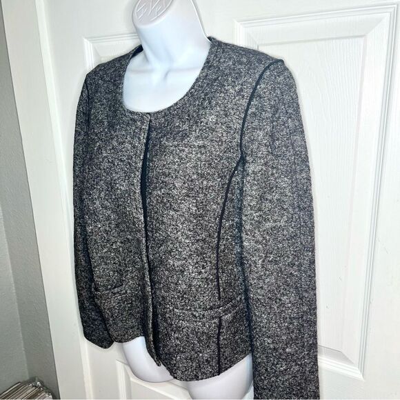 LOFT Pocket Chic Tweed Wool Cotton Blend Blazer Jacket Marled Grey Black 8 - Picture 7 of 13